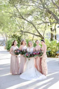 Mismatched Pink Sequin Bridesmaids Dress Ideas | White and Nude Deep V Neckline Lace and Tulle Mermaid Wedding Dress with Cathedral Length Train Inspiration | Tampa Bay Hair and Makeup Artist Michele Renee The Studio