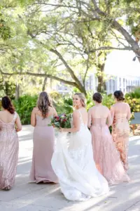 Mismatched Pink Sequin Bridesmaids Dress Ideas | White and Nude Open Back Lace and Tulle Mermaid Wedding Dress with Cathedral Length Train Inspiration