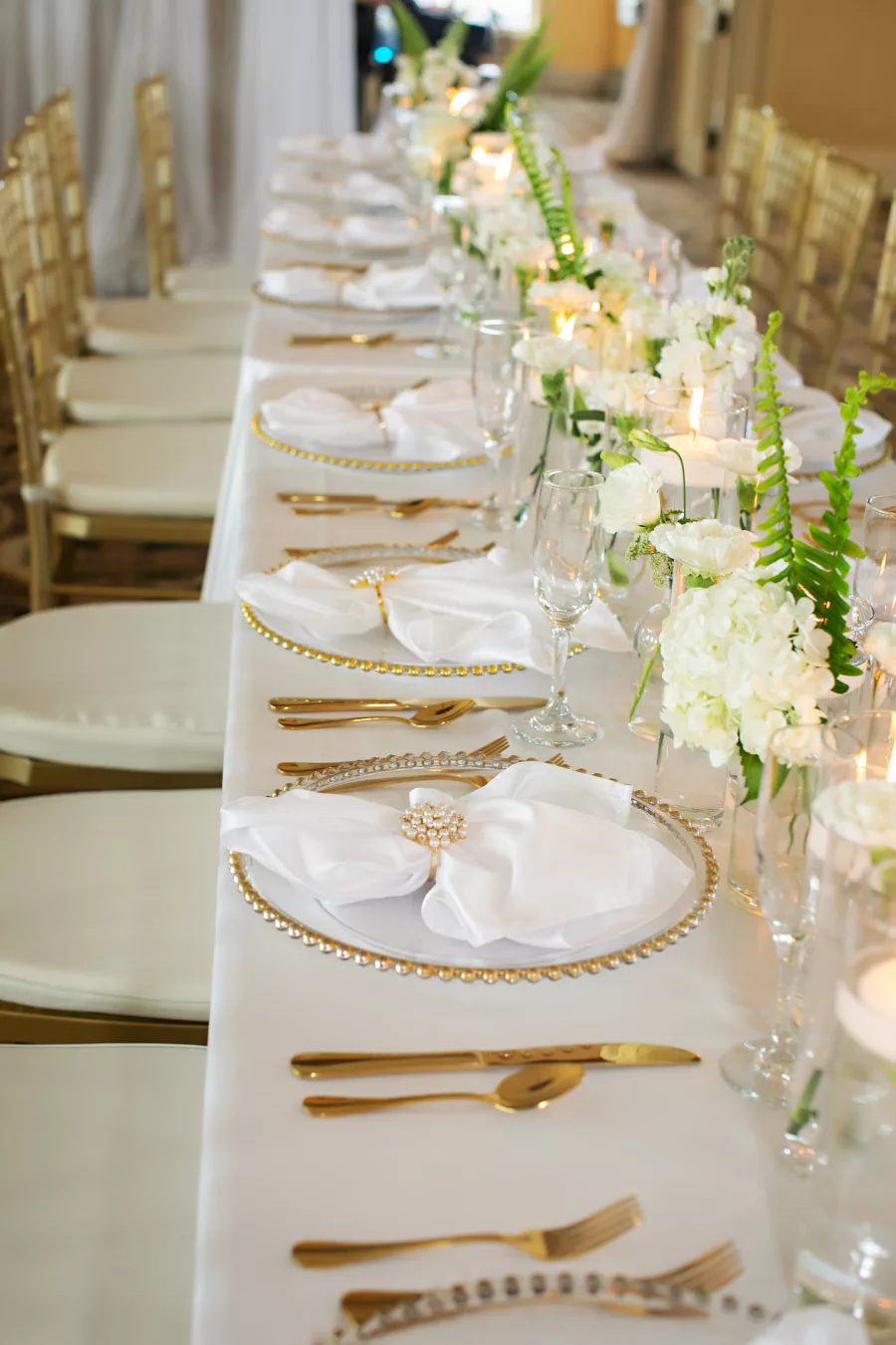 Classic Wedding Reception Gold Rimmed Beaded Chargers with Gold Flatware Place Setting Inspiration | Ybor Event Rentals Outside The Box Rentals