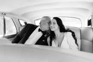 Bride and Father in Classic Rolls Royce Wedding Getaway Car Inspiration