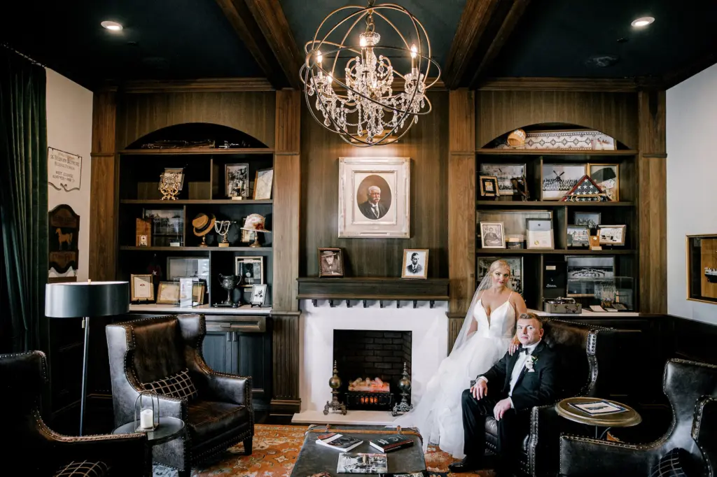 Bride and Groom Portrait Vintage Salon Lobby | Historic Clearwater Hotel Wedding Venue Belleview Inn
