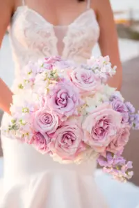 Pastel Pink and Purple Roses, White Hydrangeas, and Stock Flowers Bridal Bouquet Inspiration