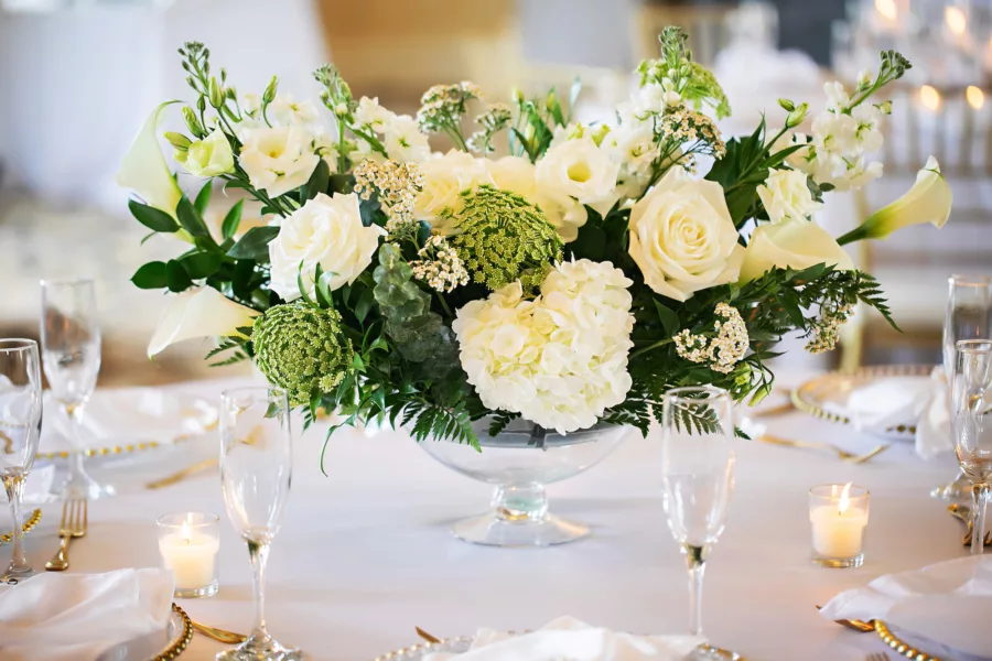 Classic Wedding Reception Centerpiece Ideas | White Rose, Hydrangeas, Calla Lily, and Greenery Flower Arrangement Inspiration