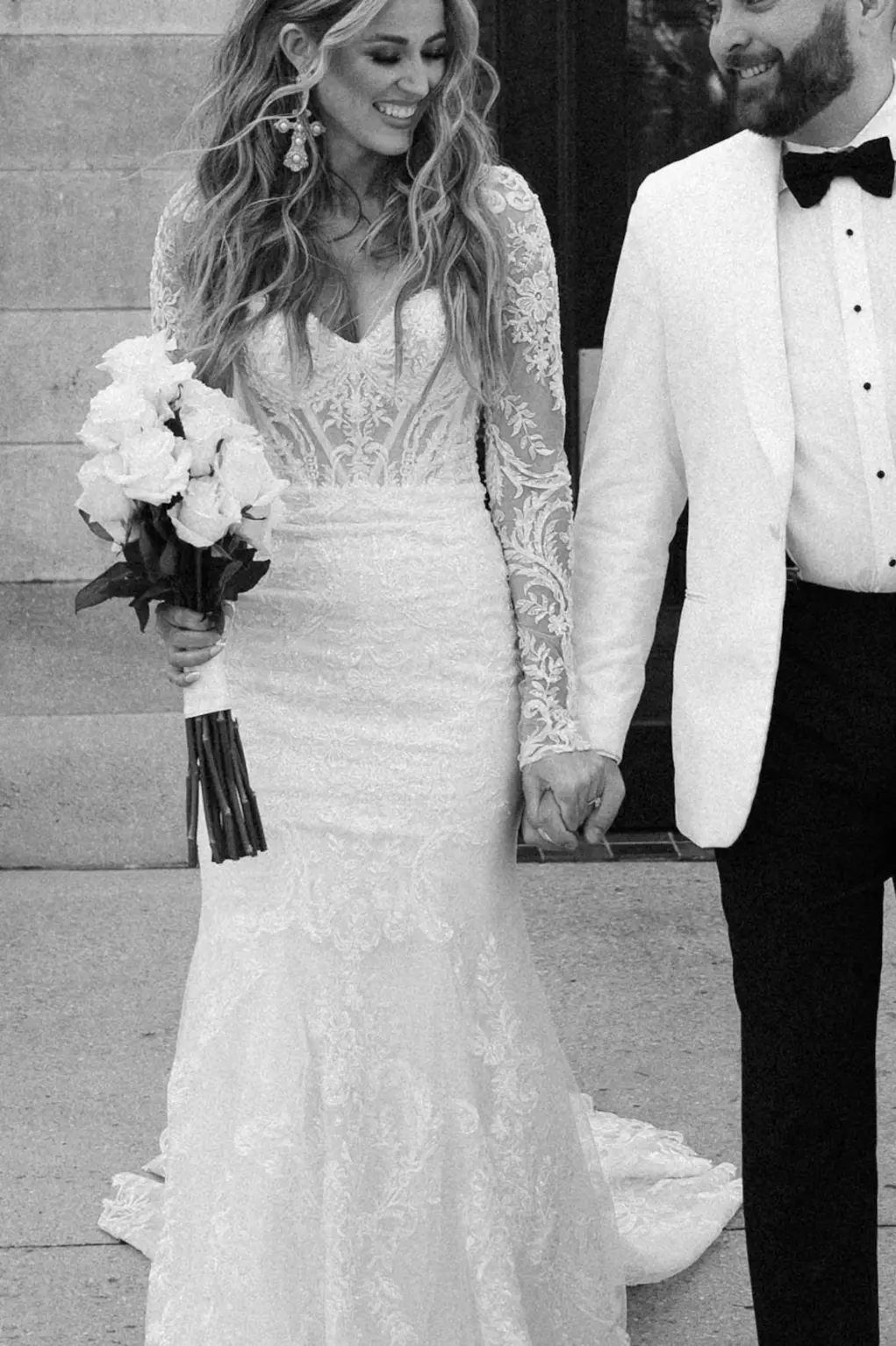 Black and White Bride and Groom Black Tie Wedding Portrait | Elegant Sheer Long Sleeve Lace Mermaid Wedding Dress Inspiration