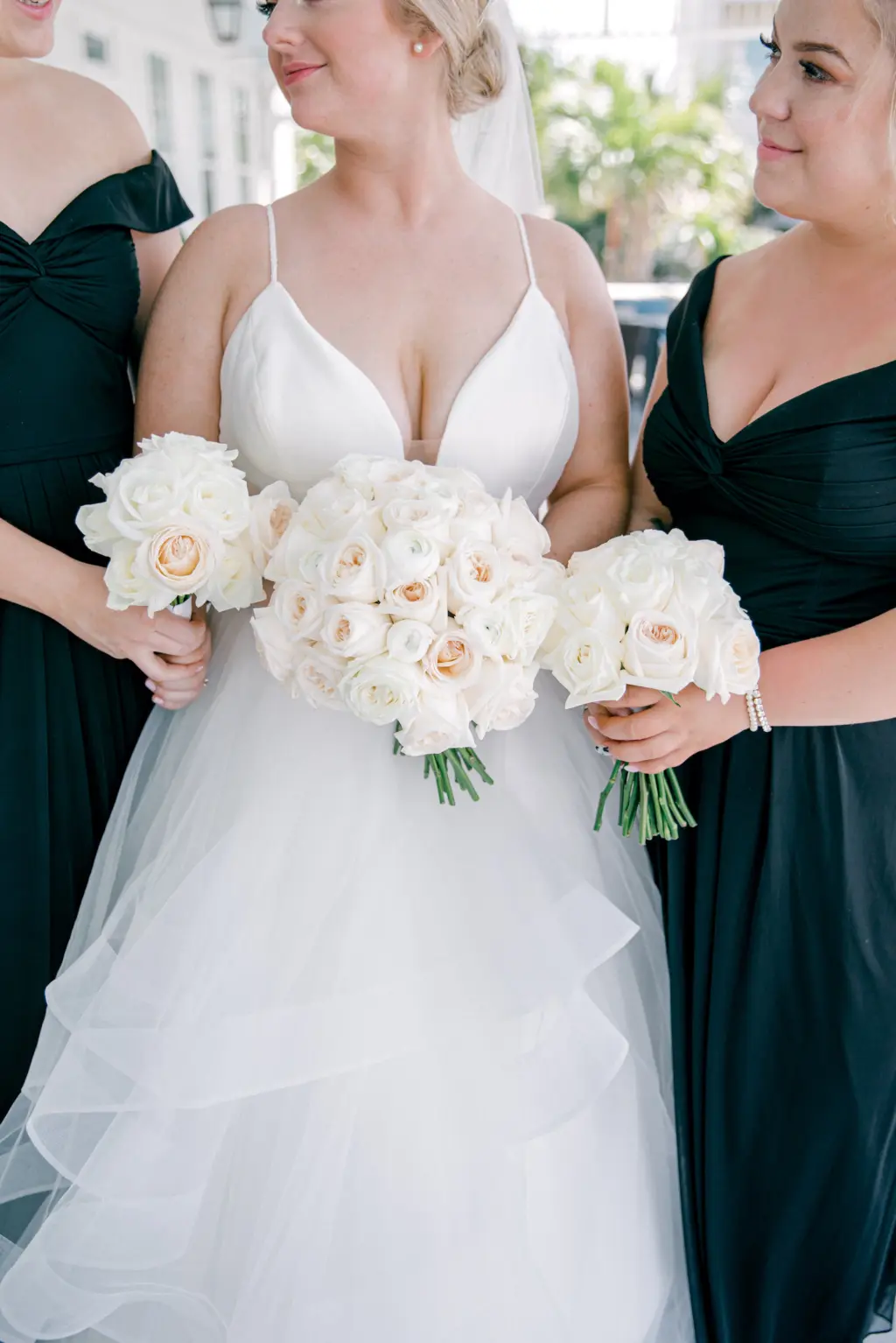 Blush Rose Bridal Bouquets | Tiered Tulle A-Line Sophia Tolli Wedding Dress Inspiration | Matching Black Bridesmaids Dress Ideas