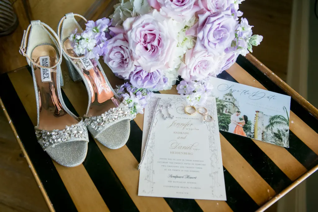 Badgley Mischka Gold Crystal Wedding Shoe Ideas | Gold Jewish Chuppah Wedding Invitation Inspiration