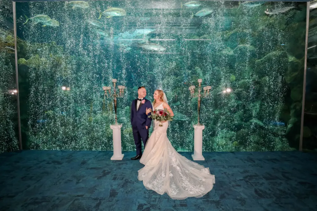 Bride and Groom Just Married Coral Reef Gallery Wedding Portrait | Tampa Bay Event Venue The Florida Aquarium | Photographer Lifelong Photography Studios