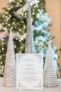 Silver Christmas Tree Decor Ideas for December Winter Wedding Reception | Classic Wedding Invitation Inspiration