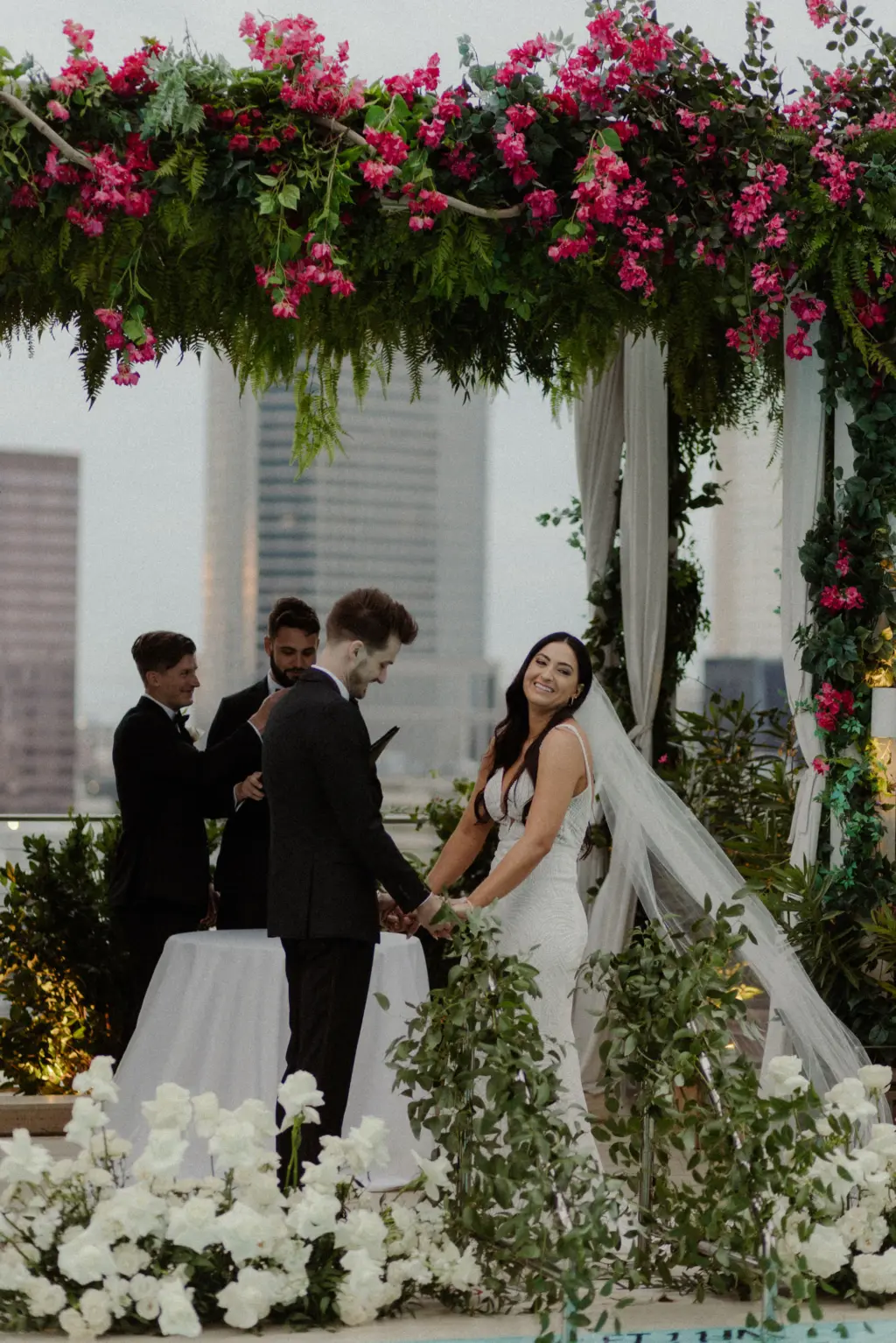 Bride and Groom Rooftop Poolside Wedding Ceremony Decor Inspiration