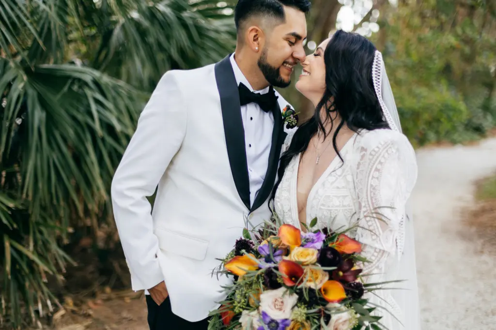Bride and Groom First Look Wedding Portrait | Fall Jewel Toned Bridal Bouquet Inspiration