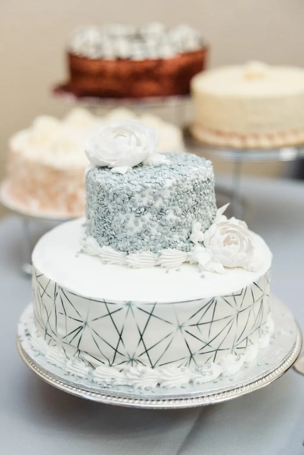 Two Tiered Round Buttercream Silver and White Wedding Cake Ideas