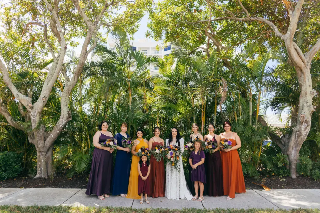 Mismatched Orange, Yellow and Purple Fall Jewel Toned Bridesmaids Wedding Dress Ideas
