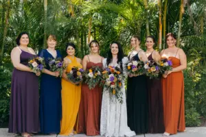 Mismatched Orange, Yellow and Purple Fall Jewel Toned Bridesmaids Wedding Dress and Bouquet Ideas