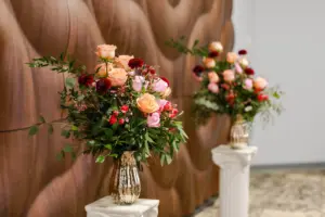 Elegant Orange and Pink Roses, Burgundy Chrysanthemums, Blue Thistle, and Greenery Flower Arrangements with Gold Mercury Vases Wedding Reception Decor Ideas