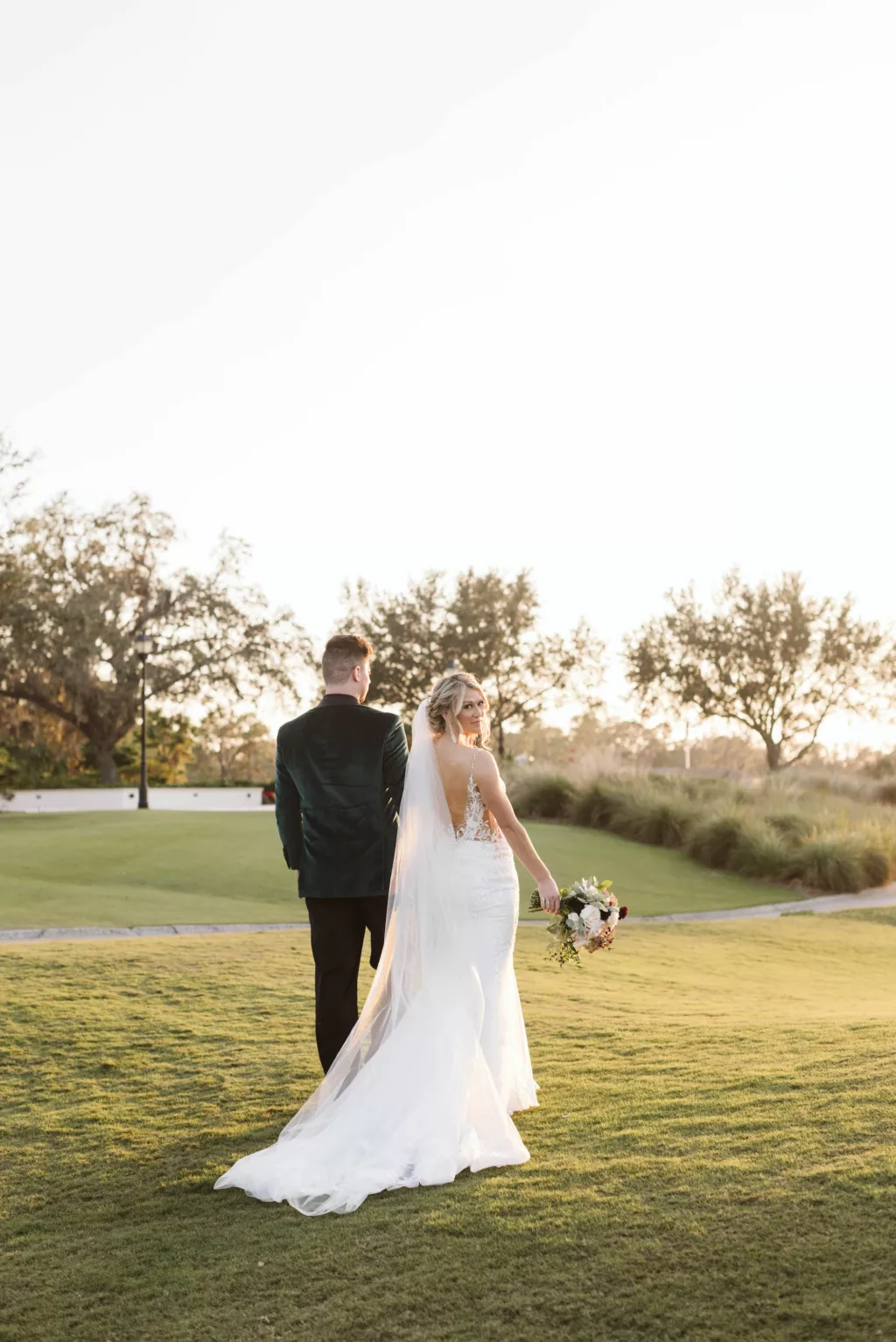 Bride and Groom Sunset Golf Course Wedding Portrait