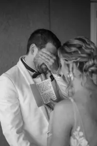 Bride and Groom Private Wedding Vow Reading Black and White Portrait