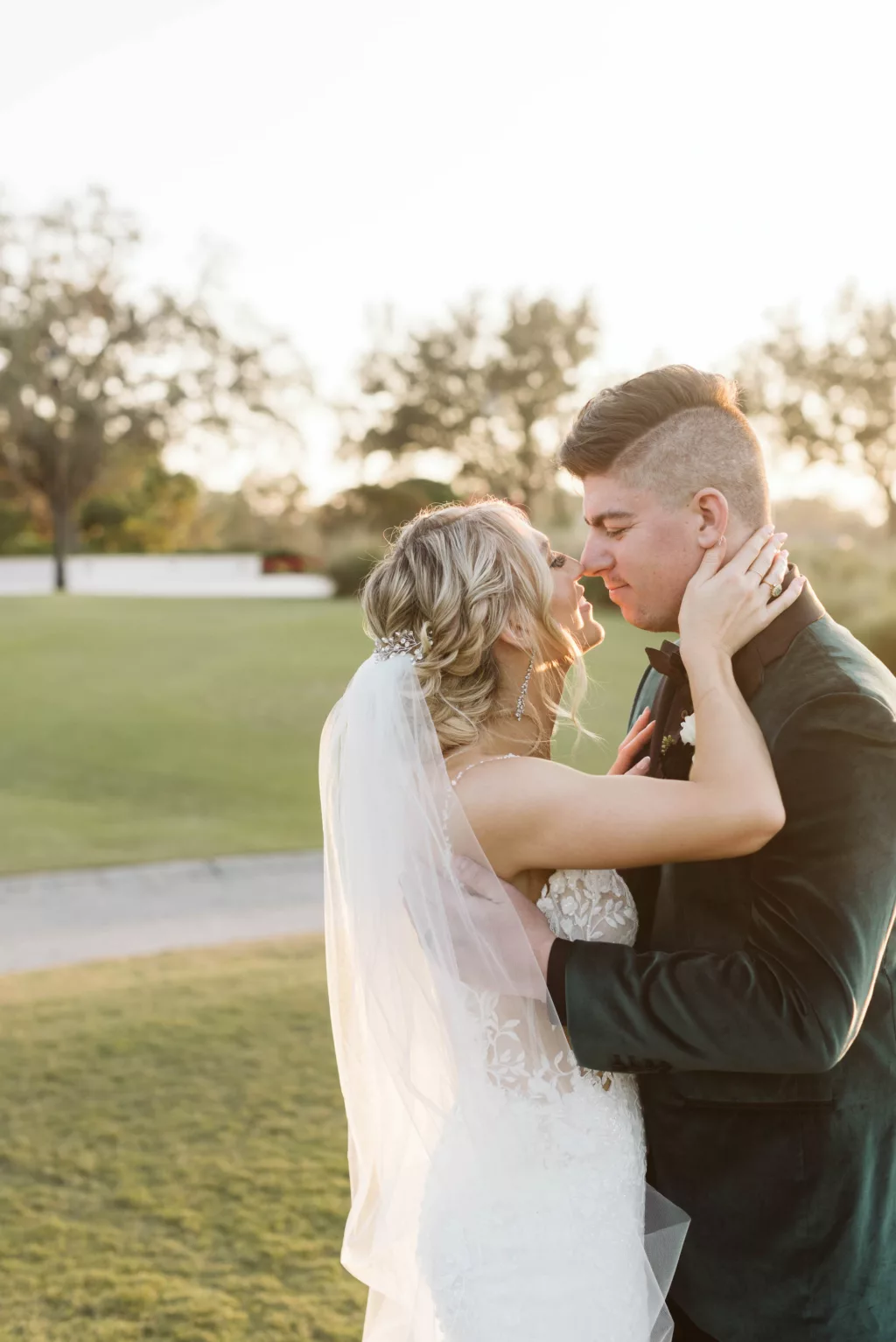 Intimate Bride and Groom Sunset Golf Course Wedding Portrait