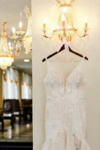 Custom Last Name Hanger for White and Nude Deep V Neckline Lace Mermaid Wedding Dress Ideas