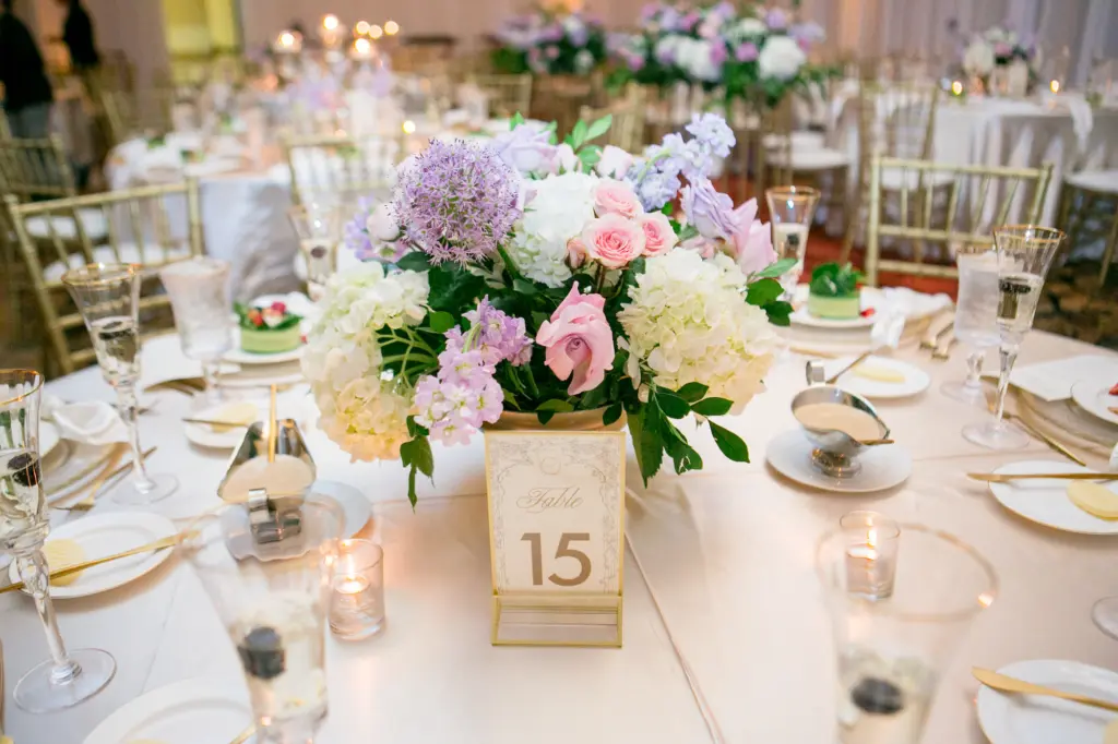 Elegant Gold and White Wedding Reception Decor Inspiration | Purple Allium, Pink Roses, White Hydrangeas, and Stock Flower Centerpiece Ideas