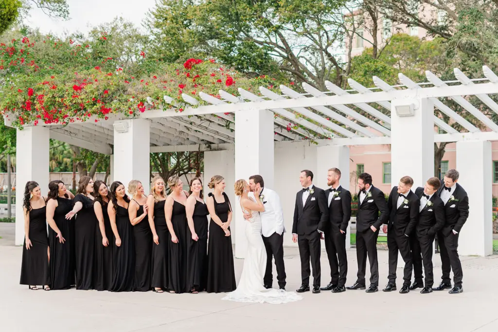 Mismatched Black Satin Floor Length Bridesmaids Dress Inspiration | White Lace Deep V Neckline Fit and Flare Wedding Dress Ideas | Black and White Tuxedos with Bow Ties | St Petersburg Photographer Eddy Almaguer Photography