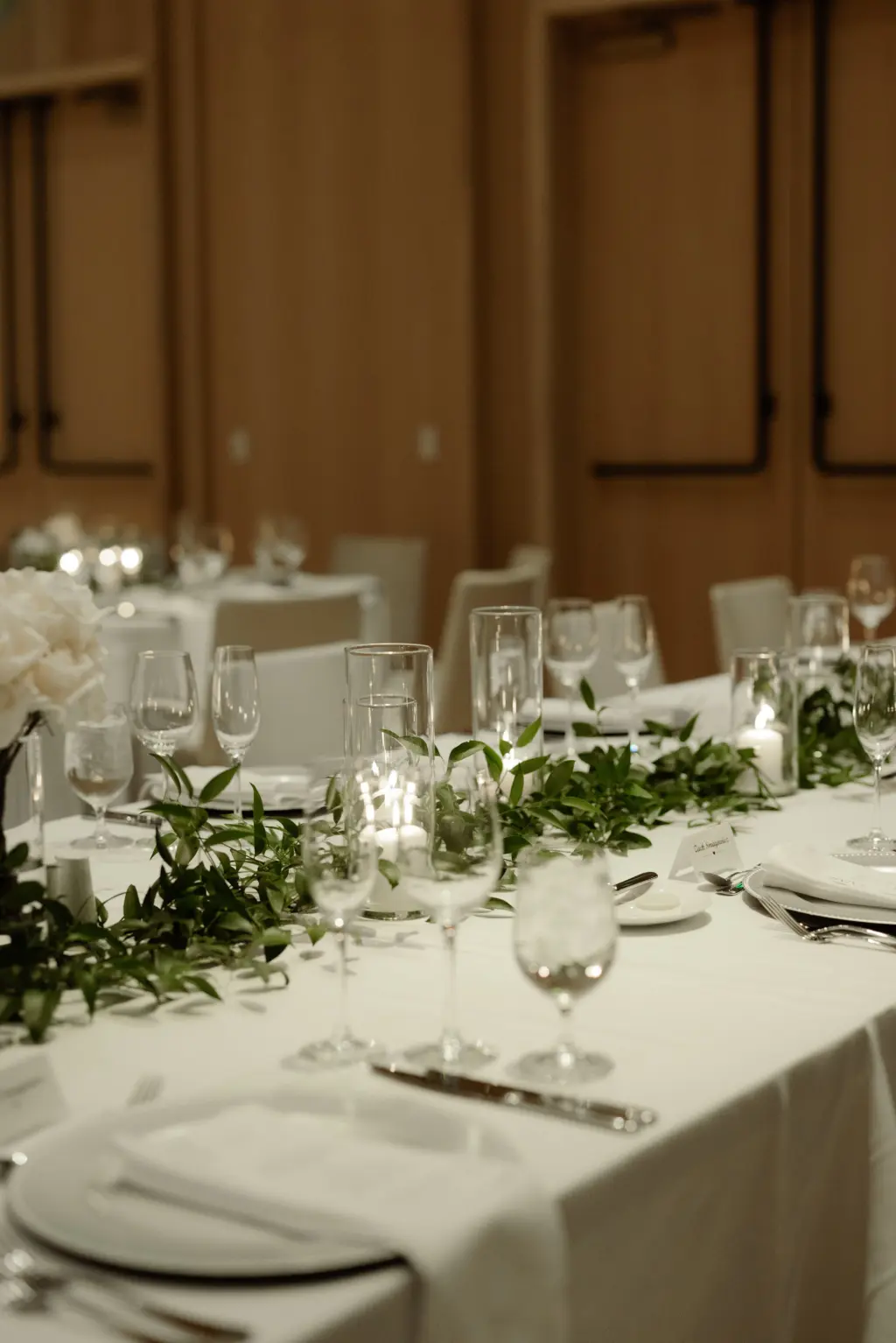 Modern Black and White Wedding Reception with Italian Ruscus Greenery Garland Centerpiece Ideas