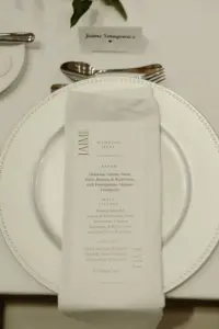 Modern White Wedding Reception Dinner Menu Card Ideas | All White Wedding Place Setting with Charger Plate and Napkin