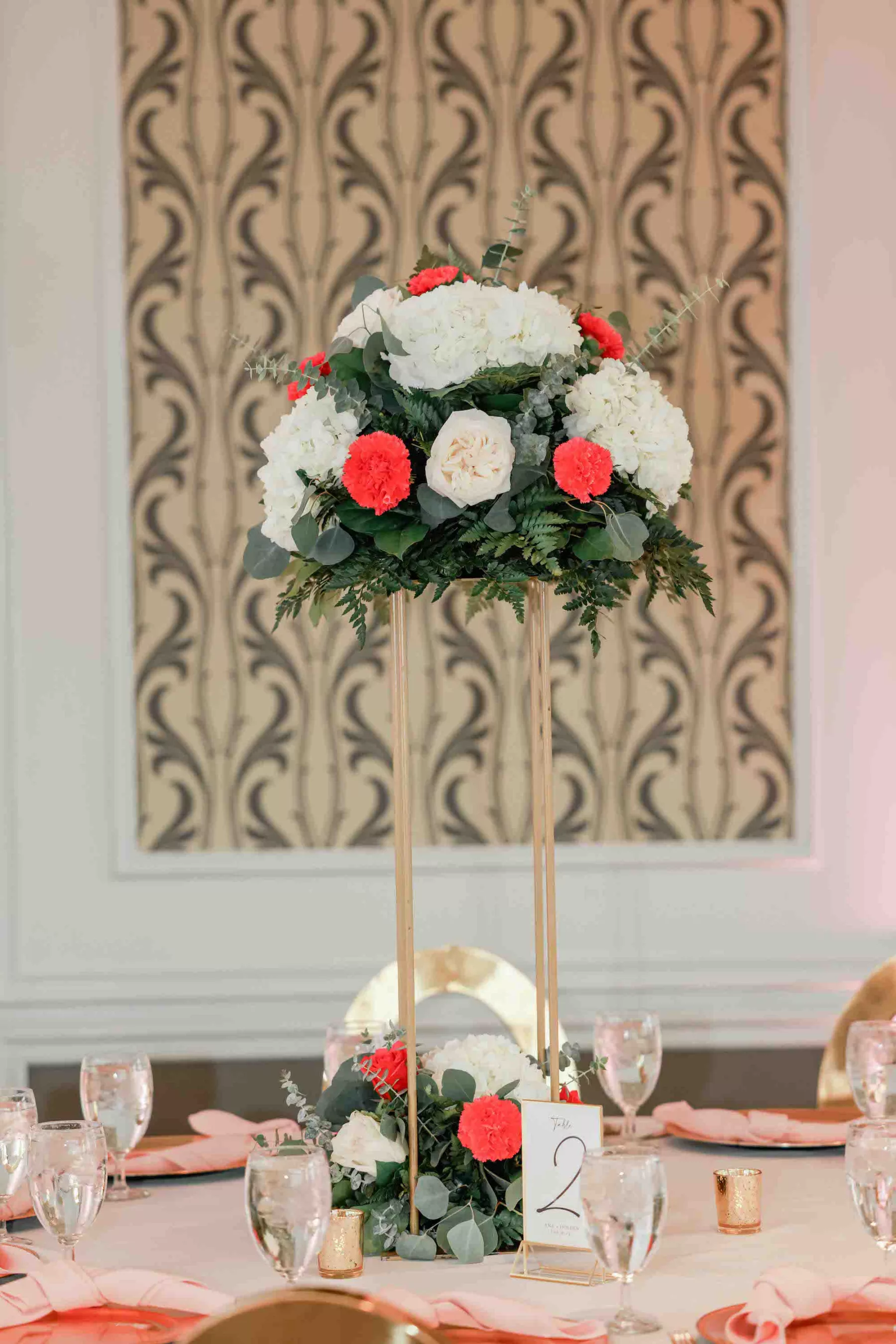 Tall Gold Flower Stand with White Hydrangeas, Pink Roses, and Greenery Fall Wedding Reception Centerpiece Decor Ideas