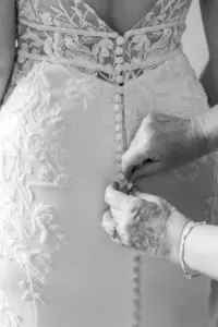 Bride Getting Ready | White Lace Open Back Button Down Wedding Dress Inspiration