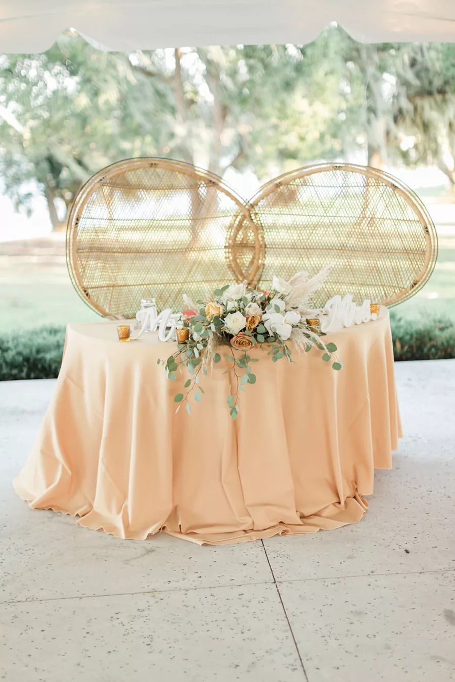 Boho Wedding Reception Sweetheart Decor Ideas | White and Orange Roses, Pampas Grass, and Eucalyptus | Rattan Peacock Chair Inspiration