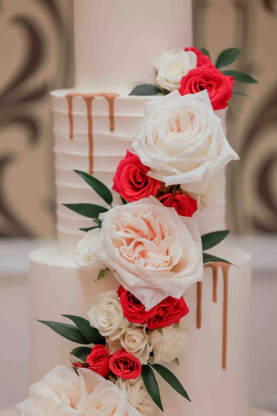 Four-Tiered White Round Textured Buttercream Wedding Cake with Gold Drip, Pink Garden Roses, and White Baby Spray Rose Accent Ideas