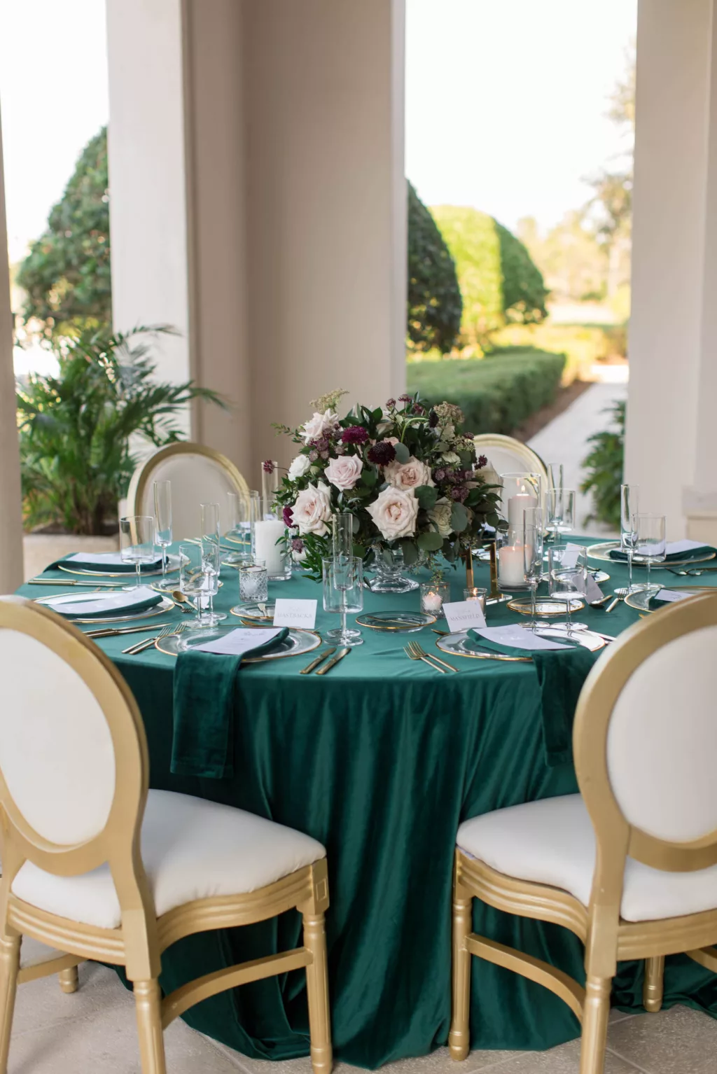 Elegant Fall Inspired White Roses, Pink Roses, Hydrangeas, Purple Chrysanthemums, and Greenery Centerpiece Decor Ideas | Emerald and Gold Wedding Reception Inspiration | Tampa Bay Florist Bruce Wayne Florals | Planner Parties A' La Carte