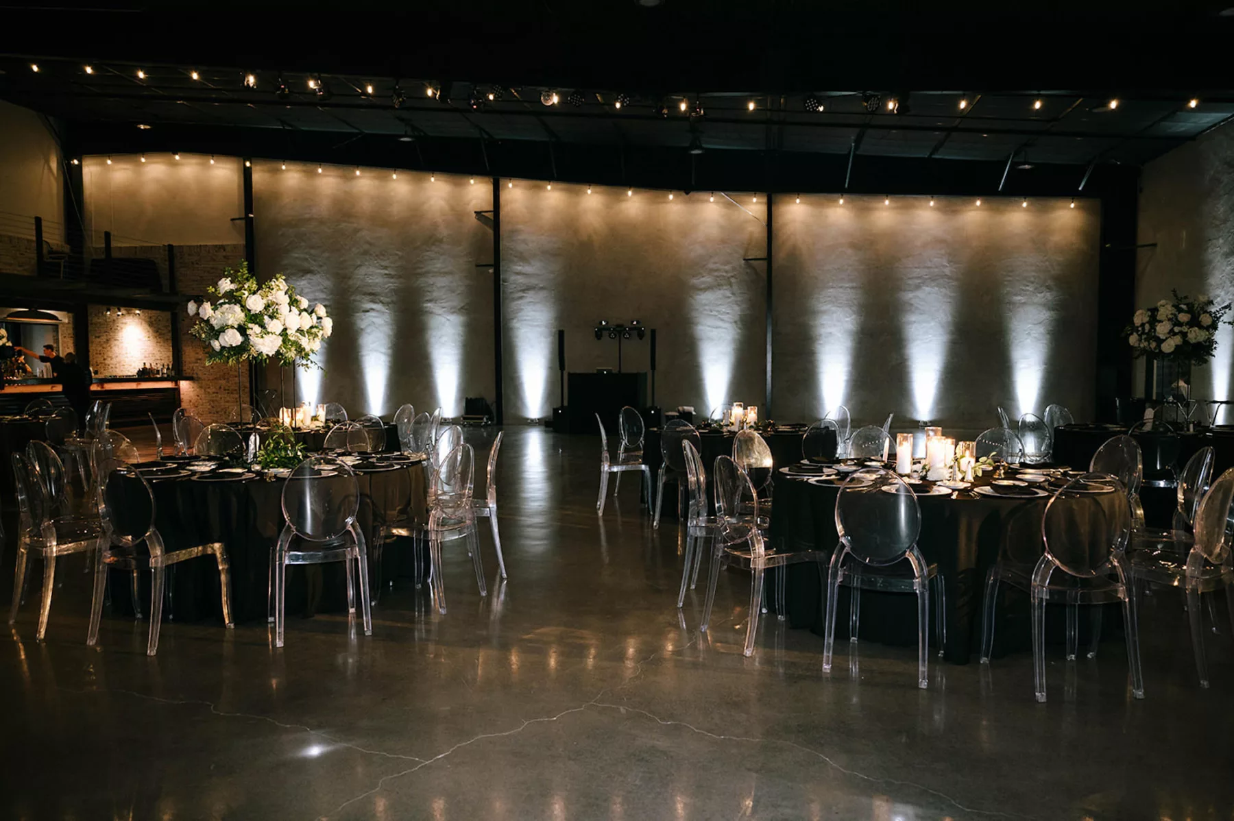 Moody Modern Black and White Wedding Reception Decor Ideas with Acrylic Ghost Chairs | Tampa Venue White Rock Canyon 