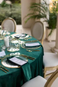 Elegant Emerald Green and Gold Wedding Reception Tablescape Decor Inspiration