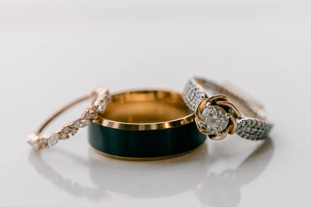 Rose Gold Round Flower Petal Vintage Inspired Diamond Engagement Ring | Gold and Black Wedding Band Inspiration