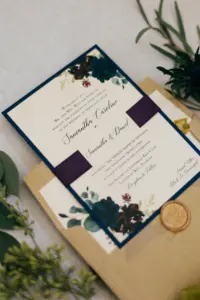 Black and Dark Purple Jewel-Toned Floral Fall Wedding Invitation with Ribbon Belly Band and Wax Seal Inspiration
