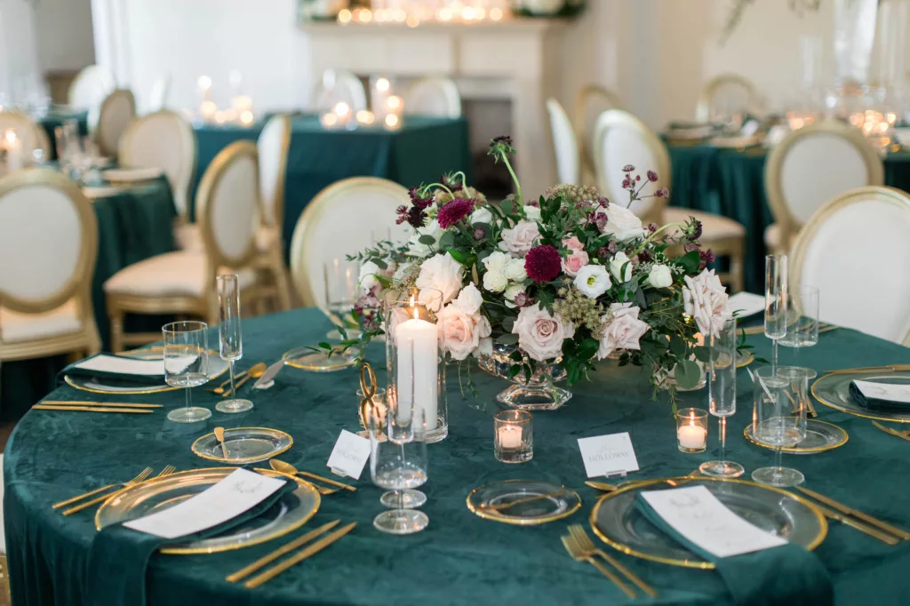Elegant Fall Inspired White Roses, Pink Roses, Hydrangeas, Purple Chrysanthemums, and Greenery Centerpiece Decor Ideas | Emerald and Gold Wedding Reception Inspiration | Tampa Bay Florist Bruce Wayne Florals
