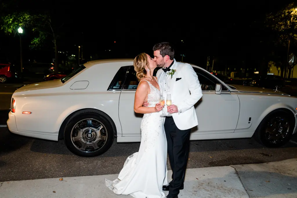 Classic White Rolls Royce Wedding Reception Getaway Car Inspiration | Bride and Groom Wedding Portrait Grand Exit