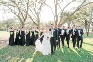 Black-Tie Wedding Party Inspiration | Matching Black Bridesmaids Dresses | Tuxedo and Bowtie Ideas