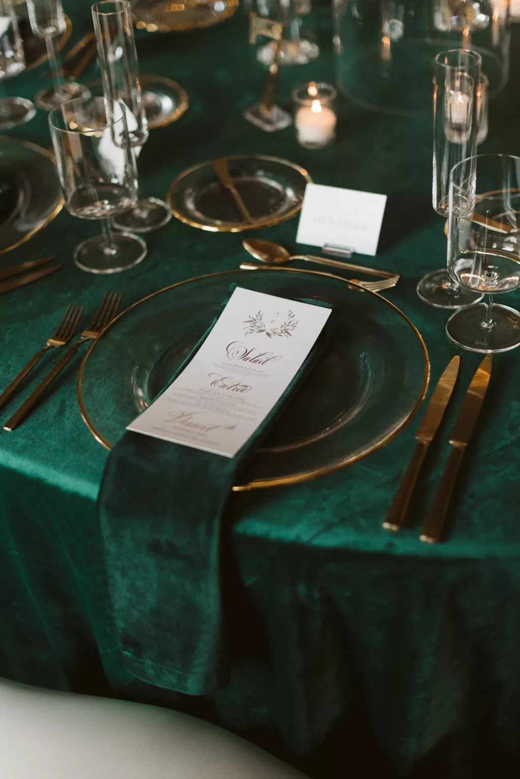 Elegant Emerald Green and Gold Wedding Reception Tablescape Decor Inspiration