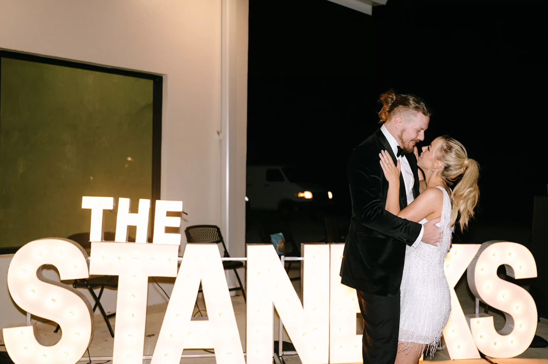 Modern Wedding Reception Decor Ideas | Large White Marquee Last Name Light Up Letters