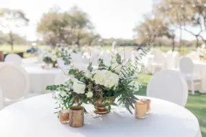 White Southern Outdoor Black-Tie Wedding Reception Decor Inspiration | White Roses, Hydrangeas, and Greenery, Gold Votives Centerpiece Ideas | Tampa Bay Florist Botanica Design Studio