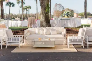 White Spindle Beaded Chair and Couch | Southern Wedding Reception Lounge Seating Inspiration
