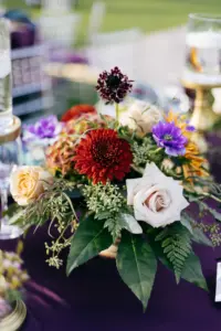 Burgundy Chrysanthemums, White Roses, and Greenery Centerpiece Ideas