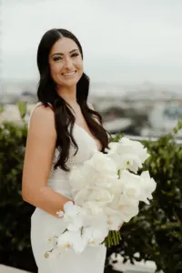 White Orchids and Roses Bridal Wedding Bouquet Ideas | Elegant Long Hair and Makeup Inspiration