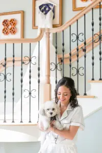 Timeless Hair and Makeup Ideas | Bride Getting Ready with Dog | White Removable Spaghetti Strap Lace and Satin Mermaid Wedding Dress Inspiration | Tampa Bay Boutique Truly Forever Bridal | Clearwater Photographer Carrie Wildes Photography