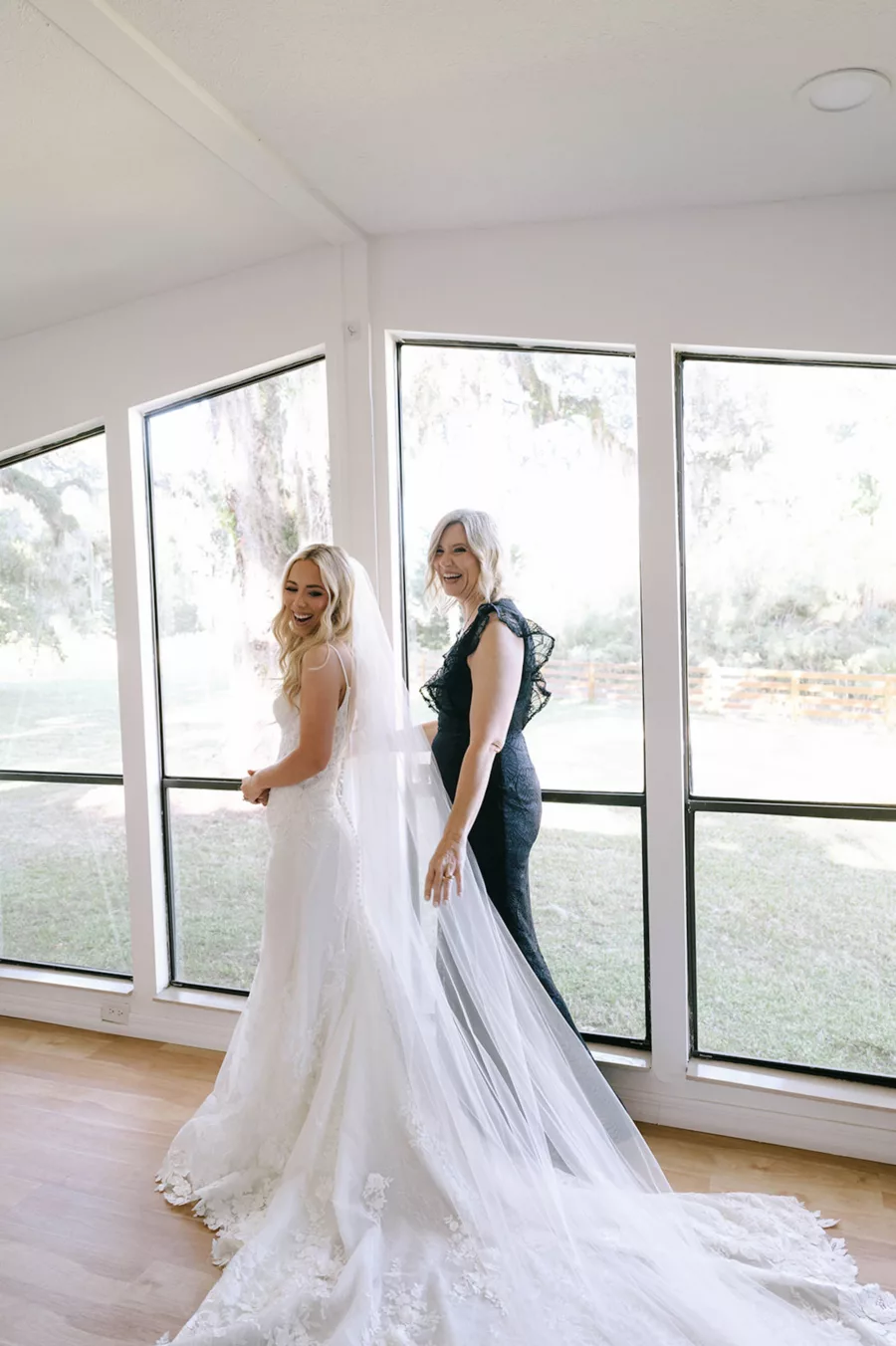 Bride Getting Ready | White Lace Sheer Bodice Fit and Flare Malindy Elene Bridal Wedding Dress Inspiration