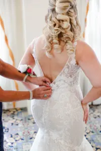 Bride and Mother Getting Ready | White and Nude Open Back Lace and Tulle Mermaid Wedding Dress with Cathedral Length Train Ideas