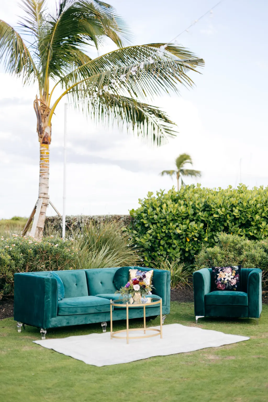 Emerald Green Velvet Lounge Furniture Area for Fall Beach Wedding Reception | Sarasota Event Venue The Resort at Longboat Key Club