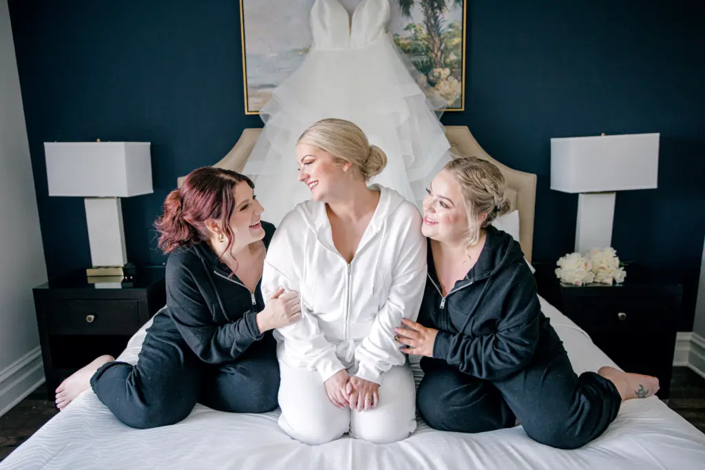 Bride with Bridesmaids Getting Ready Wedding Portrait | Matching Pajamas Inspiration