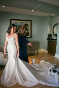Bride Getting Ready with Dog | White Removable Spaghetti Strap Lace and Satin Mermaid Wedding Dress Inspiration | Tampa Bay Boutique Truly Forever Bridal | Clearwater Artist Femme Akoi Beauty Studio